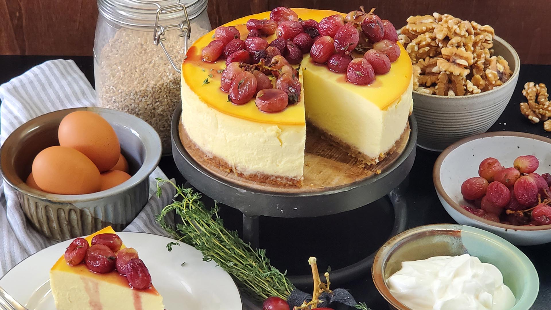 Ricotta Cheesecake with Walnut & Roasted Grapes